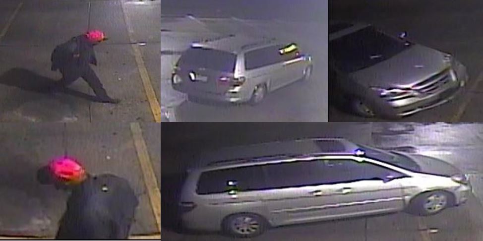 Six photo camera footage collage. Left top and bottom photos contain the suspect wearing all black and a red ball cap with a black rim. Right three photos contain a light-colored passenger van with a sun roof.